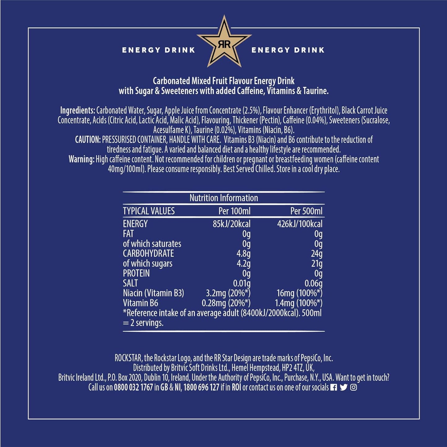 Rockstar XDurance Energy Drink, Blueberry Pomegranate and Acai, Non-Alcoholic, 200 mg Caffeine, Caffeinated Drink with Taurine, Guarana, Ginseng, and Vitamins, 12 x 500 ml cans