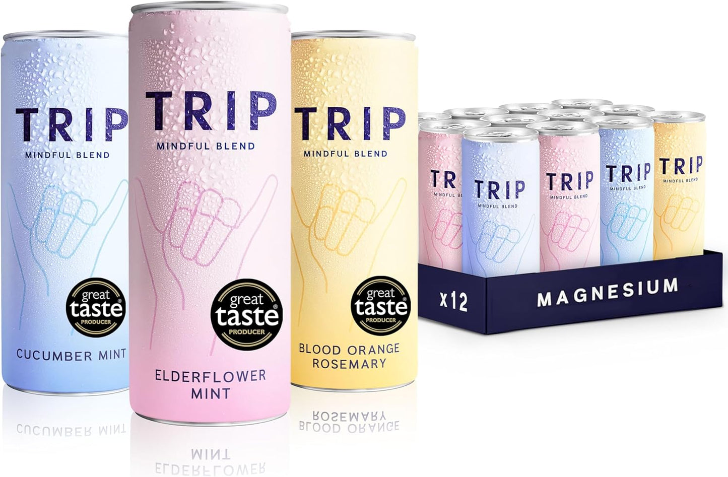TRIP Mindful Blends - Mixed Pack Sparkling Drink with 1440MG Magnesium + Lion’s Mane + Chamomile + Lemon Balm. Low Calorie and Vegan (Pack of 12 x 250ml)