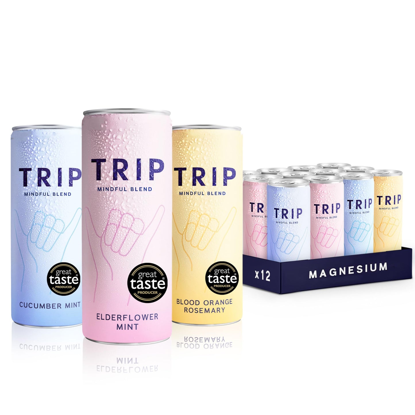 TRIP Mindful Blends - Mixed Pack Sparkling Drink with 1440MG Magnesium + Lion’s Mane + Chamomile + Lemon Balm. Low Calorie and Vegan (Pack of 12 x 250ml)