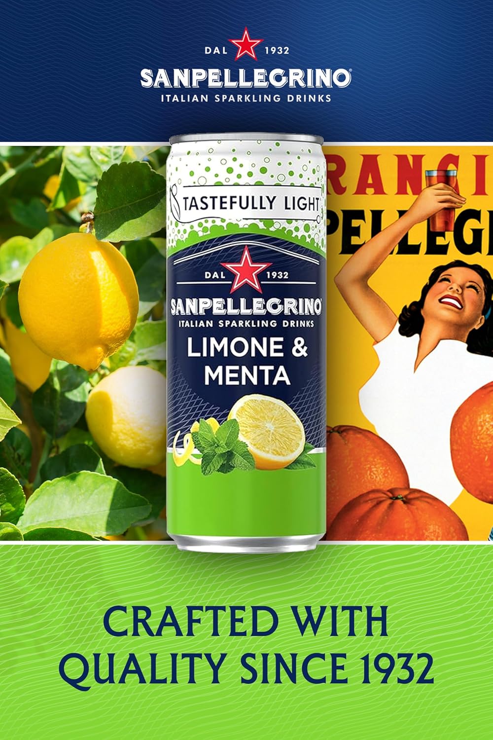 San Pellegrino Italian Sparkling Drinks Tastefully Light Sparkling Lemon & Mint Canned Soft Drink 12 x 330ml, 74 kCals per Can