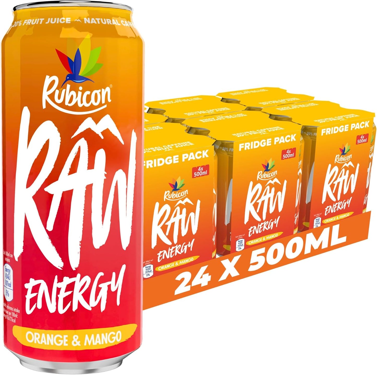 Rubicon RAW 24 Pack Raspberry & Blueberry Energy Drink, 20% Fruit Juice, High caffeine with B-Vitamins, Ginseng & Guarana, Reduce Tiredness & Boost Energy - 24 x 500ml Cans