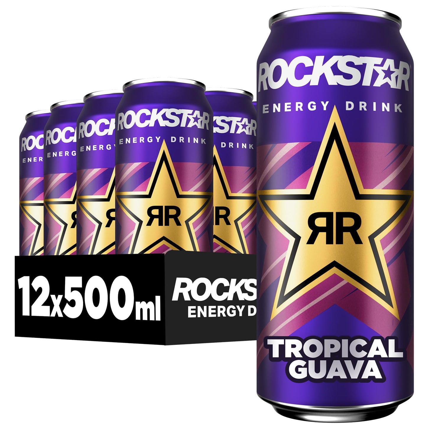 Rockstar Energy Drink Tropical Guava Flavour - Caffeinated Soft Drink for Energy Kick, Disposable (12 x 500 ml) (Packaging Design May Vary)