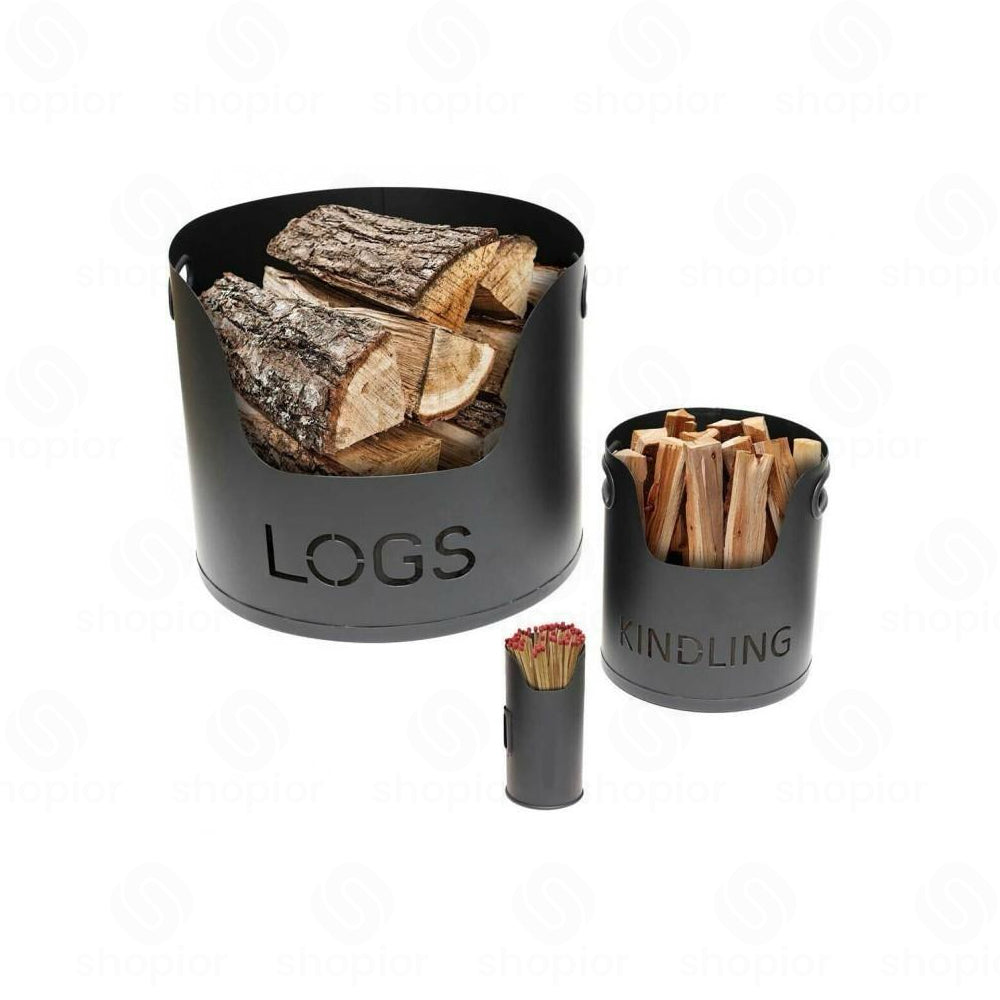 Premium Black Metal Log Holder Set 3PC | Fireplace Log Basket, Kindling Bucket & Matchstick Holder