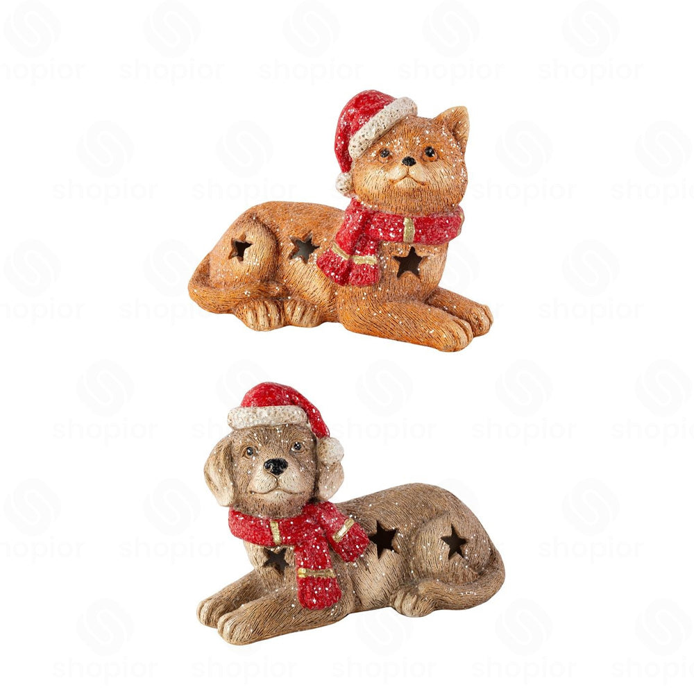 LED Light-Up Christmas Pet Ornament | Cement Cat & Dog Figurine with Santa Scarf Hat | Festive Tabletop Decoration