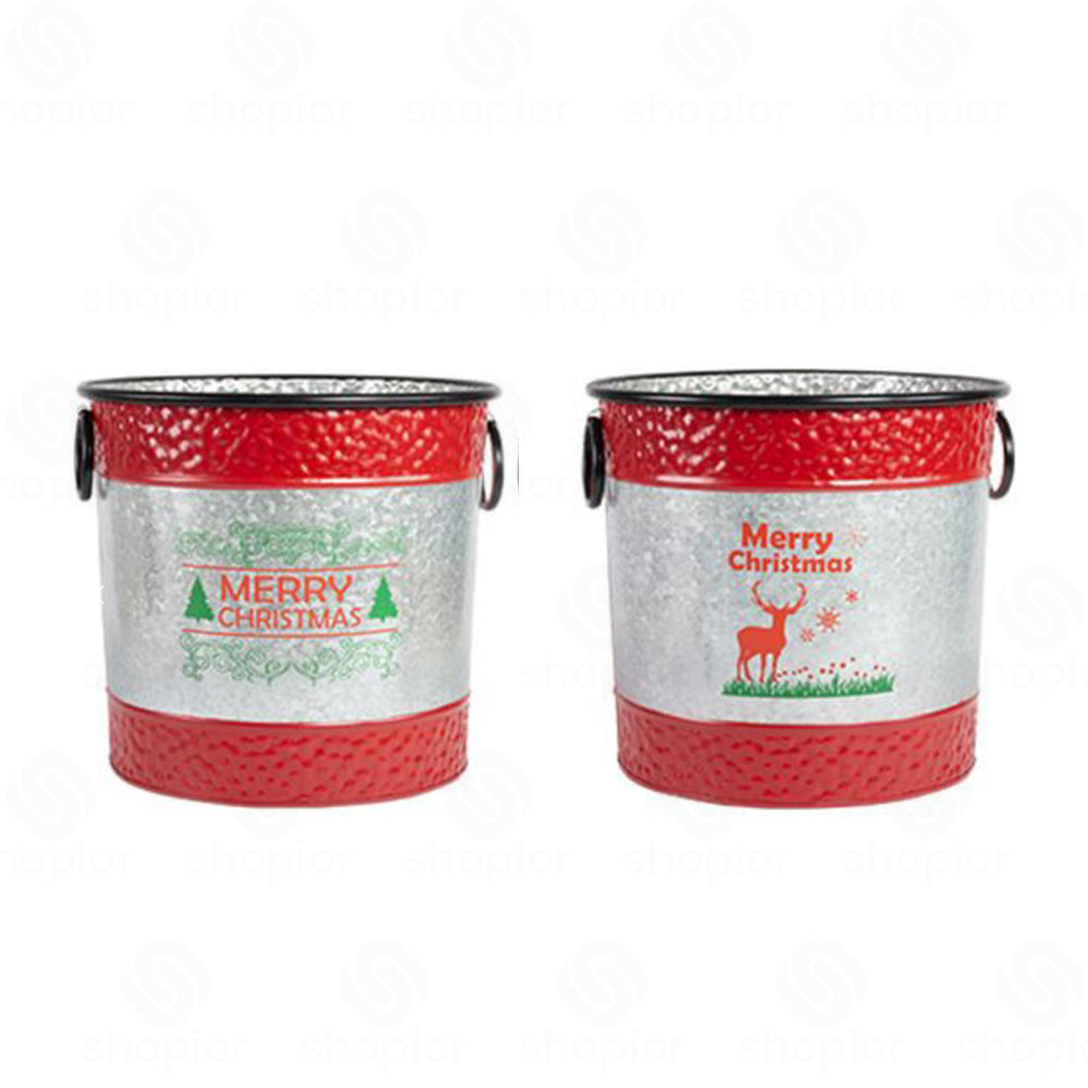 Merry Christmas Metal Drum Planter 33cm with Handles | Festive Tree & Stag Plant Pot