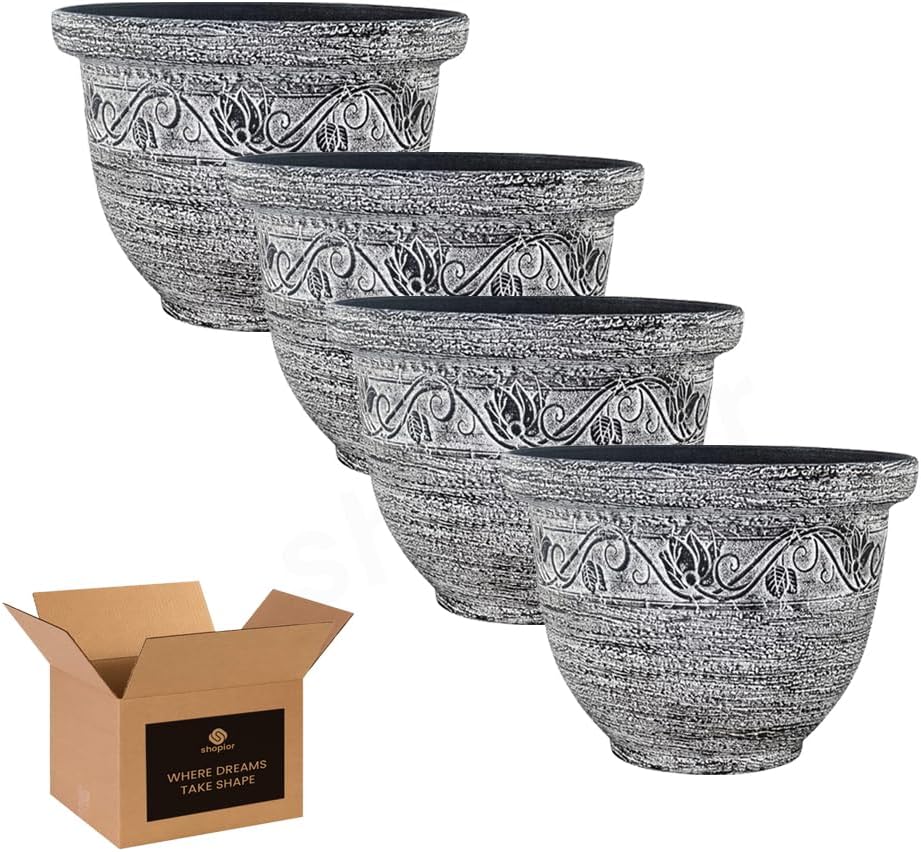 Round Garden Plant Pot – Outdoor Flower Planter with Drainage Holes | Weatherproof Bell Shape Plant Container | Woven Design Decorative Plastic Pot for Garden, Balcony 8.5L