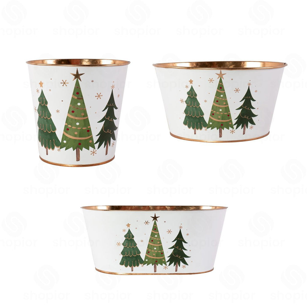 Christmas Tree Metal Planter Bucket with Gold Rim | White Festive Tin Pail, Bowl