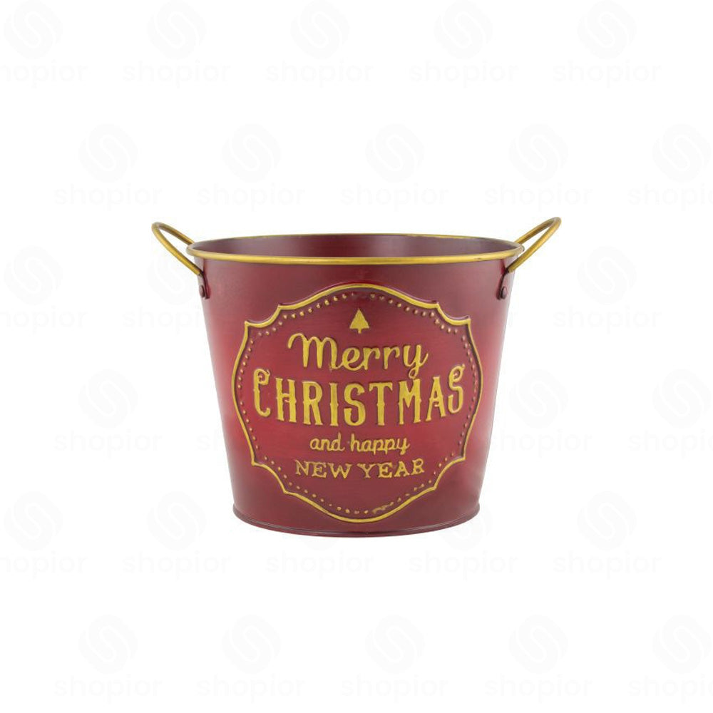 Merry Christmas Metal Tin Pail Planter 24cm | Red & Gold Festive Plant Pot