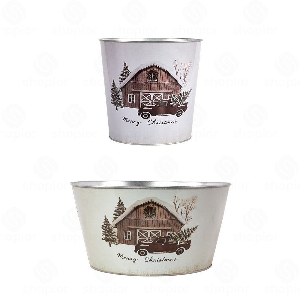 Merry Christmas Metal Planter Collection | Vintage Farmhouse Tin Pail & Tin Bowl | Festive Holiday Plant Pots
