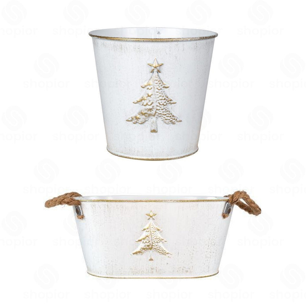 Christmas Metal Planter Collection | White & Gold Embossed Tree Tin Pail Rustic Holiday Flower Pots
