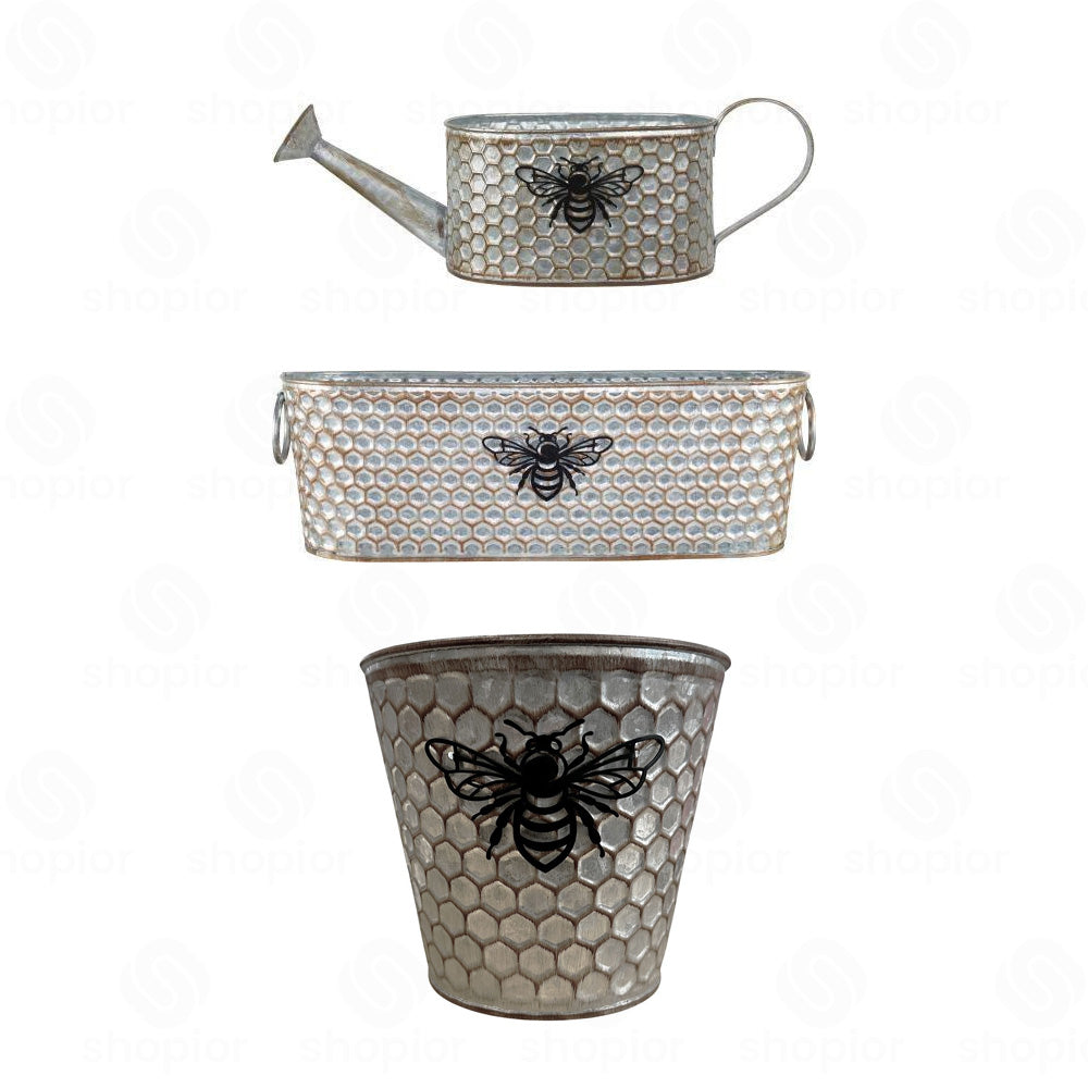 Tin Bee Design Planter Collection | Rustic Honeycomb Metal Garden Pots – Pail, Trough & Watering Can