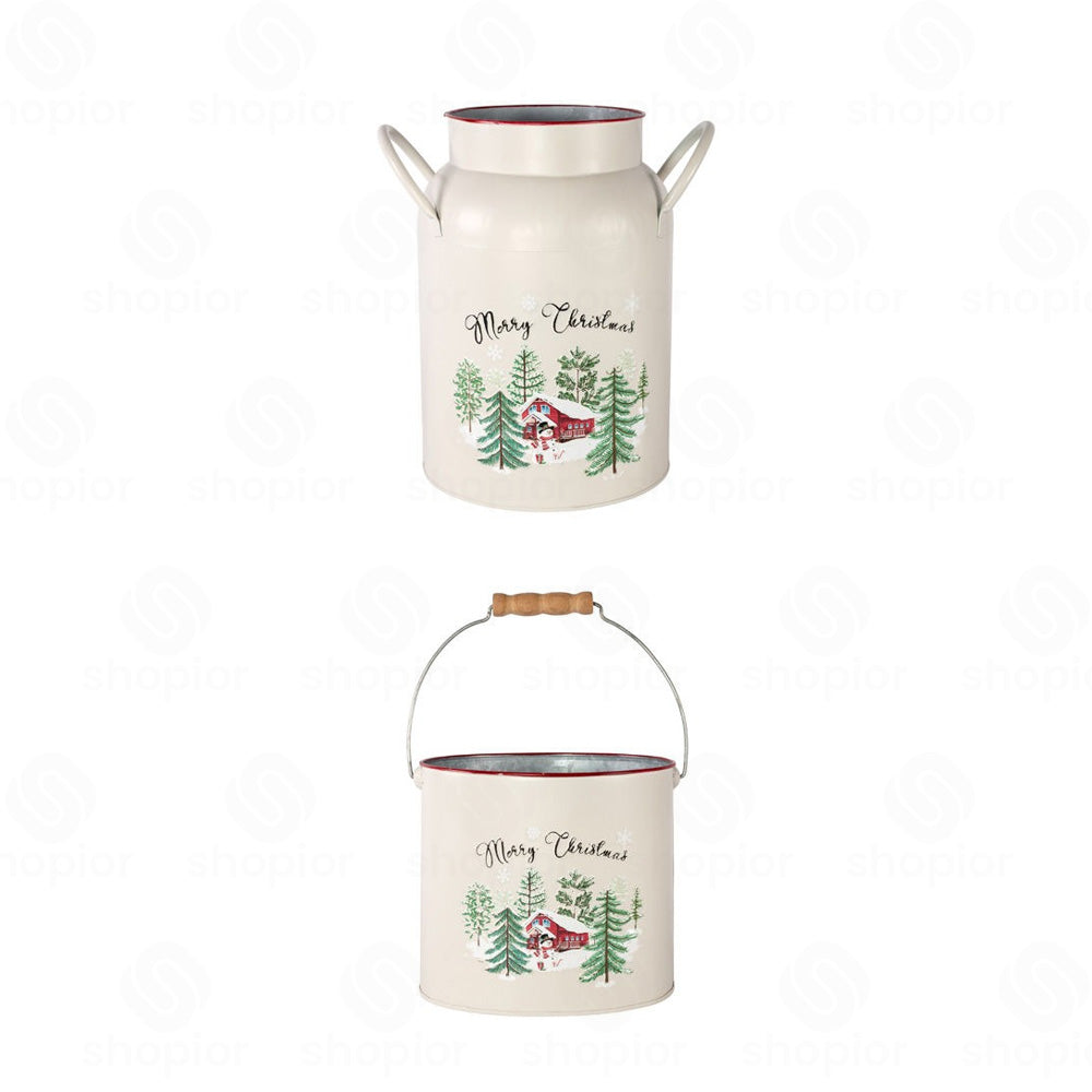 Merry Christmas Metal Planter Collection | Tin Pail with Handle | Snow Scene Xmas Plant Pots