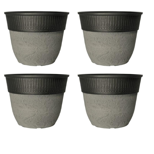 Stone Look Plastic Plant Pot – Large Round Outdoor Garden Planter with Modern Rim Design, Drainage Hole, Weatherproof – Indoor & Outdoor Flower Pot for Plants, Herbs & Shrubs (Grey-38cm, Pack 1)
