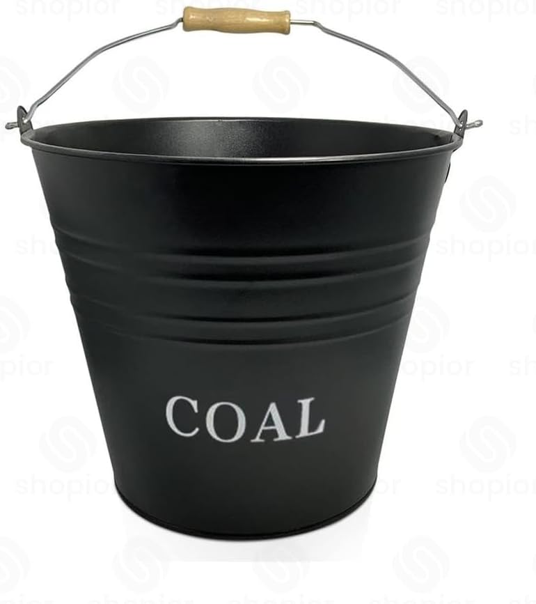 Steel Coal Holder with Wooden Handle for Fireplace 12L with Lid, Brush & Shovel