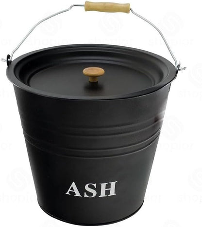 Steel Coal Holder with Wooden Handle for Fireplace 12L with Lid, Brush & Shovel