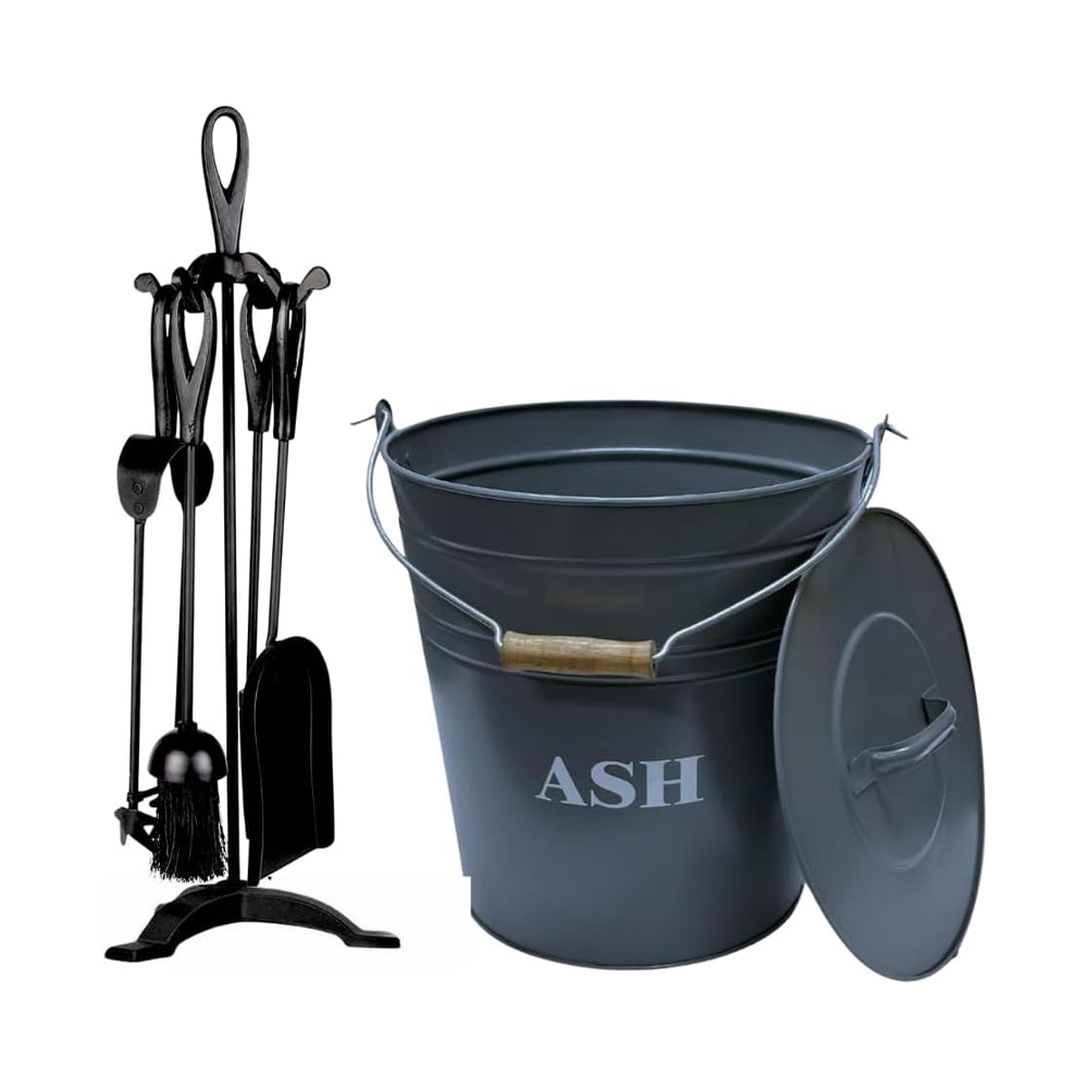 Fireside 15L Metal Bucket with Lid and Handle – Fireplace Ash Carrier Tidy Box + 5 Piece Cast Iron Companion Tool Set – Fire Poker Brush Shovel Tongs & Stand