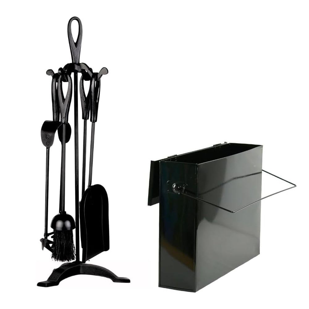 Fireside 15L Metal Bucket with Lid and Handle – Fireplace Ash Carrier Tidy Box + 5 Piece Cast Iron Companion Tool Set – Fire Poker Brush Shovel Tongs & Stand