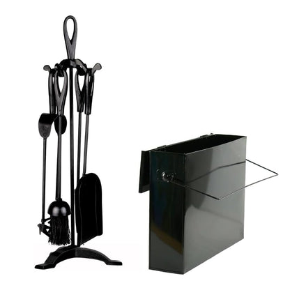 Fireside 15L Metal Bucket with Lid and Handle – Fireplace Ash Carrier Tidy Box + 5 Piece Cast Iron Companion Tool Set – Fire Poker Brush Shovel Tongs & Stand