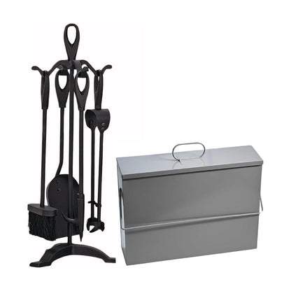 Fireside 15L Metal Bucket with Lid and Handle – Fireplace Ash Carrier Tidy Box + 5 Piece Cast Iron Companion Tool Set – Fire Poker Brush Shovel Tongs & Stand