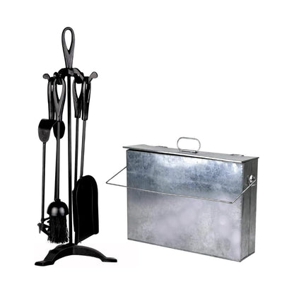 Fireside 15L Metal Bucket with Lid and Handle – Fireplace Ash Carrier Tidy Box + 5 Piece Cast Iron Companion Tool Set – Fire Poker Brush Shovel Tongs & Stand
