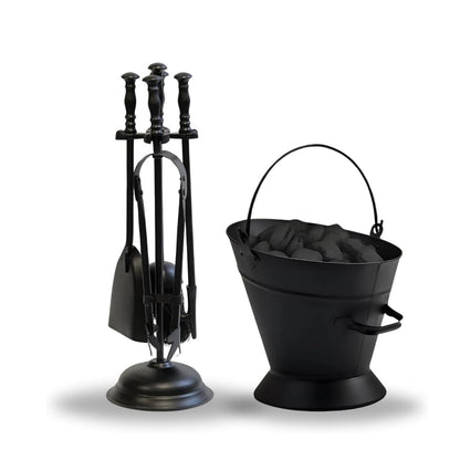 Black Cast Iron Fireplace Companion Tool Set with Log Coal Bucket & Scuttle Hod | 5 Piece Fireside Set | Heavy Duty Vintage Firewood Holder, Stove & Open Fire