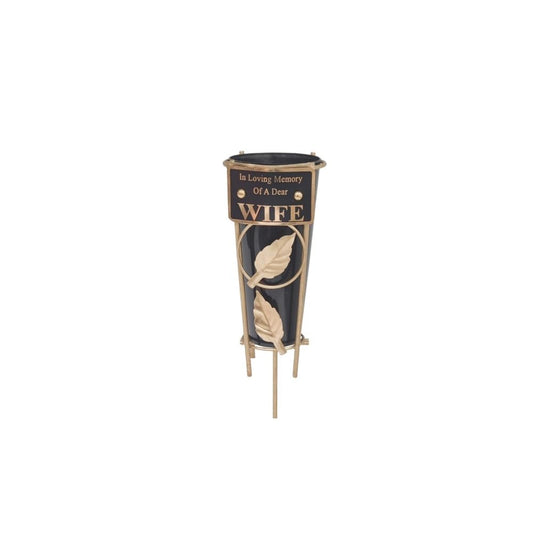 Wife - Memorial Metal Grave Vase With Gold Leaf - Black