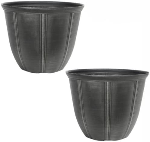 CTI Living Set of 2 Metallic Grey Plastic Plant Pot 29cm 12 Inch 11L Round Garden Planter Weatherproof Drainage Hole