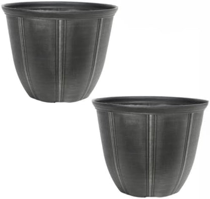 CTI Living Set of 2 Metallic Grey Plastic Plant Pot 29cm 12 Inch 11L Round Garden Planter Weatherproof Drainage Hole