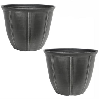 CTI Living Set of 2 Metallic Grey Plastic Plant Pot 29cm 12 Inch 11L Round Garden Planter Weatherproof Drainage Hole