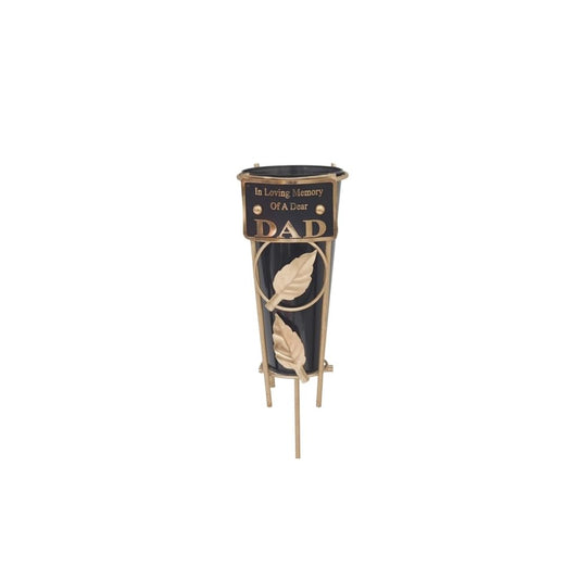 Dad - Memorial Metal Grave Vase With Gold Leaf - Black