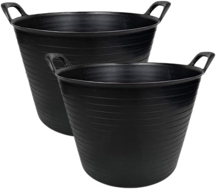 42L Large Black Flexi Tub – Heavy Duty Flexible Rubber Storage Bucket with Handles | Multi Purpose Container for Garden Waste, DIY, Builders, Stable Feed, Home, Indoor Outdoor Use (42L-Black (Pack 4))