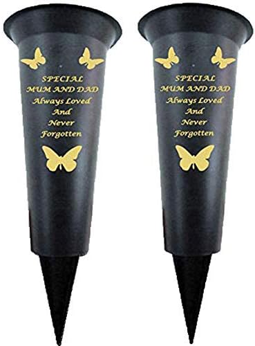 Set of 2 Special Mum & Dad Memorial Graveside Spiked Flower Vase with Gold Lettering Butterfly Decoration Durable Plastic, Weatherproof and Frostproof, Ideal for Fresh or Dried / Artificial Flowers