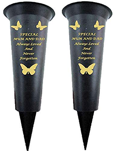 Set of 2 Special Mum & Dad Memorial Graveside Spiked Flower Vase with Gold Lettering Butterfly Decoration Durable Plastic, Weatherproof and Frostproof, Ideal for Fresh or Dried / Artificial Flowers