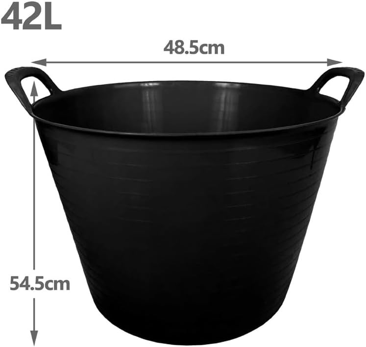 42L Large Black Flexi Tub – Heavy Duty Flexible Rubber Storage Bucket with Handles | Multi Purpose Container for Garden Waste, DIY, Builders, Stable Feed, Home, Indoor Outdoor Use (42L-Black (Pack 4))