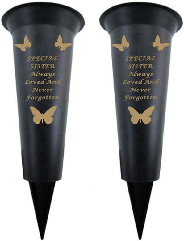 Black Plastic Flower Holders/Memorial Grave Vases Ornaments - Butterfly Spike Grave Flower Vases with Funeral Verses for Your Loved Ones - Pack of 2 (Brother - Pack of 2)