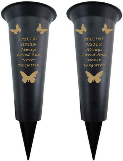 Black Plastic Flower Holders/Memorial Grave Vases Ornaments - Butterfly Spike Grave Flower Vases with Funeral Verses for Your Loved Ones - Pack of 2 (Brother - Pack of 2)