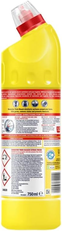 Domestos Thick Bleach Multi Purpose Disinfectant Cleaner | Germ Removal, Prevents Limescale 3x Longer, Antibacterial Toilet Cleaner, Bathroom, Kitchen & Drain Cleaner | 750ml (9, Citrus Fresh)