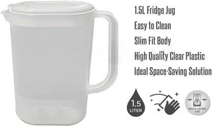 Plastic Jug Pitcher Set | BPA Free and Durable Fridge Door Jug with Lid | Airtight Measuring Container for Water, Milk, Juices & More | Simple Plastic Measuring Jug | 1.5 litres (Pack of 2)