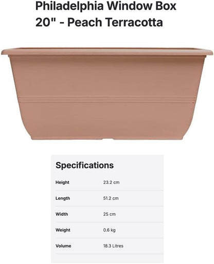 shopior 30cm (12 Inch) Peach Terracotta Plastic Plant Pots – 10L Round Garden Planters with Drainage – Weatherproof Indoor & Outdoor Tub (Peach Terracotta, Phidelphia Window Box 20"-Pack 1)