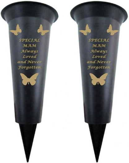 Black Plastic Flower Holders/Memorial Grave Vases Ornaments - Butterfly Spike Grave Flower Vases with Funeral Verses for Your Loved Ones - Pack of 2 (Brother - Pack of 2)