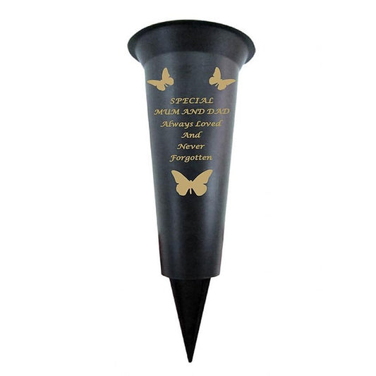 Mum And Dad - Plastic Spike Memorial Grave Vase With Butterfly Decoration