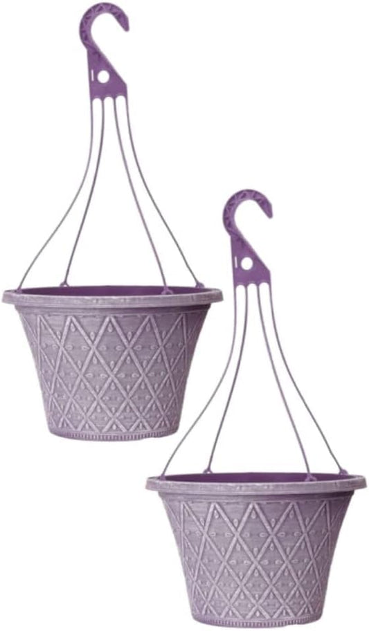 30cm Hanging Basket - Decorative Round Garden Flower Plant Pot | Woven Flower Outdoor Decorative Planter – Weatherproof Plastic with Drainage Holes –For Gardens & Balconies (Purple, Pack of 2)