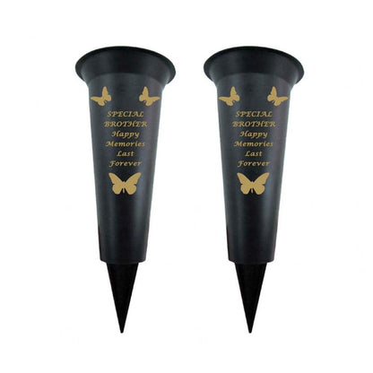 Black Plastic Flower Holders/Memorial Grave Vases Ornaments - Butterfly Spike Grave Flower Vases with Funeral Verses for Your Loved Ones - Pack of 2 (Brother - Pack of 2)