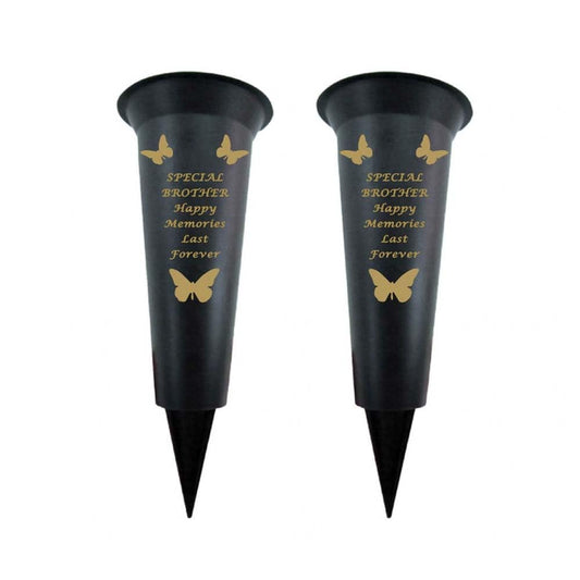 Black Plastic Flower Holders/Memorial Grave Vases Ornaments - Butterfly Spike Grave Flower Vases with Funeral Verses for Your Loved Ones - Pack of 2 (Brother - Pack of 2)