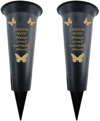 Black Plastic Flower Holders/Memorial Grave Vases Ornaments - Butterfly Spike Grave Flower Vases with Funeral Verses for Your Loved Ones - Pack of 2 (Brother - Pack of 2)