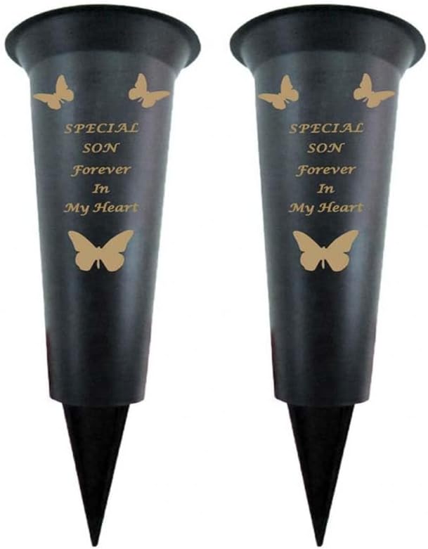 Black Plastic Flower Holders/Memorial Grave Vases Ornaments - Butterfly Spike Grave Flower Vases with Funeral Verses for Your Loved Ones - Pack of 2 (Brother - Pack of 2)