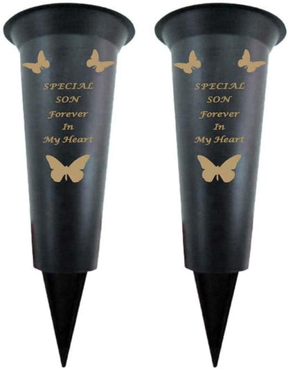 Black Plastic Flower Holders/Memorial Grave Vases Ornaments - Butterfly Spike Grave Flower Vases with Funeral Verses for Your Loved Ones - Pack of 2 (Brother - Pack of 2)