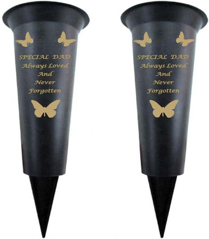 Black Plastic Flower Holders/Memorial Grave Vases Ornaments - Butterfly Spike Grave Flower Vases with Funeral Verses for Your Loved Ones - Pack of 2 (Brother - Pack of 2)