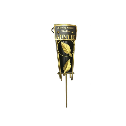 Auntie - Memorial Metal Grave Vase With Gold Leaf - Black