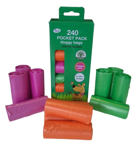 TidyZ 240 DOGGY BAGS WITH TIE HANDLES, POCKET PACK, RAINBOW COLOURS (12 rolls of 20 bags)